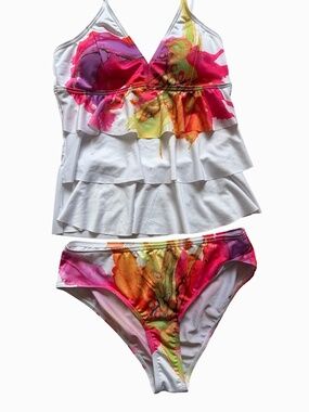 Tropical Summer Padded Ruffle Tier Tankini Top /Bottoms Swimsuit-Sz-L